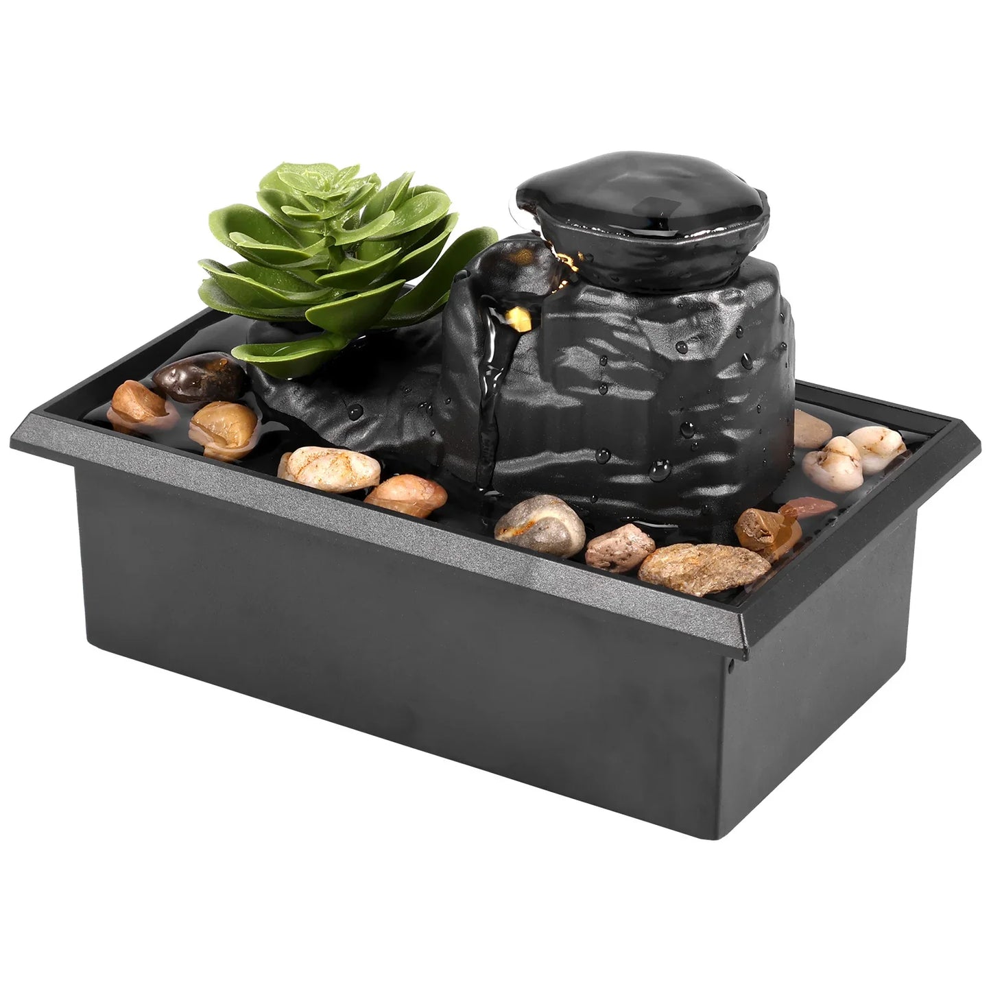Wood Tabletop Zen Meditation Waterfall Round Succulent Lotus Flower ABS Plastic Square Base Fountain/Light Battery/USB Cable Cord /Bag Of Pebbles/Colors-Black/Gray