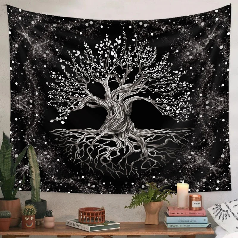 Decorative Polyester-Cotton Black Background-White Printed Nature Tree of Life Design Wall Tapestries/Colors-Black/Orange/Navy Blue/White/Yellow/Multicolor