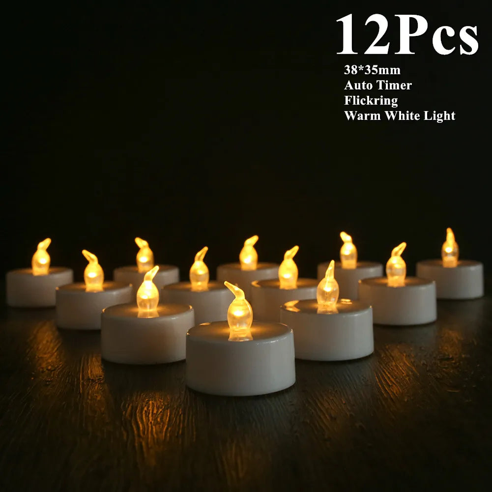 12-24 PCS Set Large Built-In Timer LED Flameless Flickering Small Round Tea Light Candles /Batteries Included-Button Batteries Type-CR2032/Color-White/Yellow