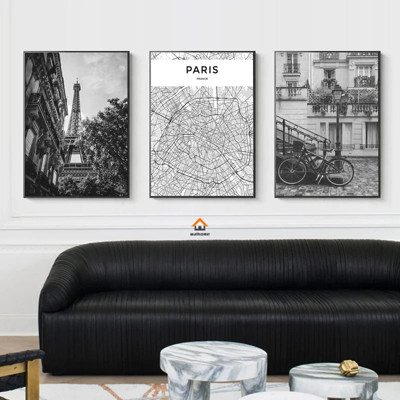 Unframed Canvas New York City-Brooklyn Bridge-Paris Tower/ Colors-Black/ White