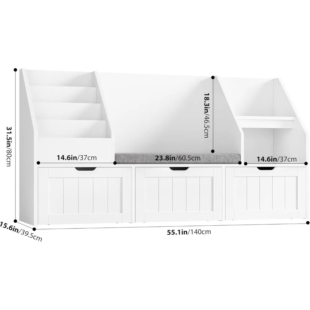 White Kids Bookshelf/ Soft Cushion Seat-Reading Nook/ Toy Storage Organizer / 3 Movable Drawers