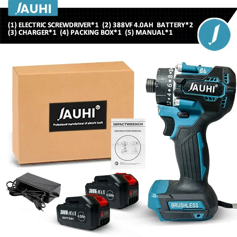 JAUHI Industrial Grade 388VF Red Button-Blue-Black Pistol Handle Brushless Electric Impact Wrench Rechargeable Lithium Battery-Powered Cordless Drill Power 18V Screwdrivers/Adapts To Makita 18V Lithium Battery/Colors-Black/Red/Gray/Blue