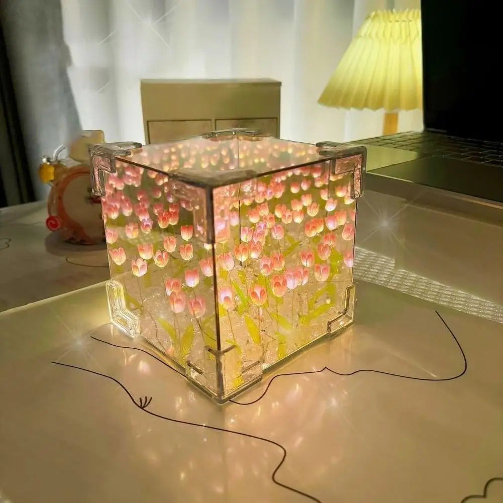 Eye-Catching LED Square Handmade Champagne Plastic Frame Tulip Infinity Battery Powered Night Lights/ Button Battery(Battery Included)/Colors-Multicolor/Floral