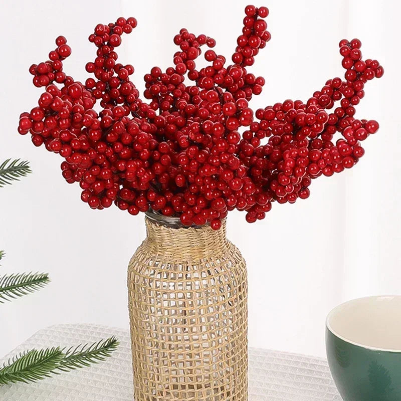 50PCS Branch Indoor Artificial Plastic Foam Non-Flowering Red Holly Berries Flower Bouquet Plants