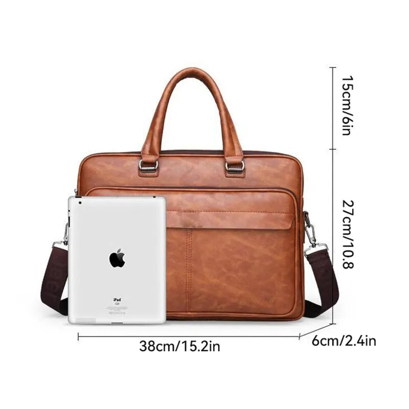 Men Large Faux Leather Waterproof One Shoulder Strap-Handle Crossbody Design Document Bag Briefcase/Zipper/Polyester Lining/ For Tablet-IPAD/Fits 15 Inch IPAD-Tablet Colors-Brown/Black