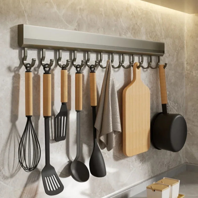 Kitchen Aluminum Wall Mounted Drill-Free Inserted Rubber Ring Hanging 6-8-10 Hooks Utensil Rack/Use Super Glue/Suitable For Smooth Non-Porous Surfaces/Colors-Silver/Gray