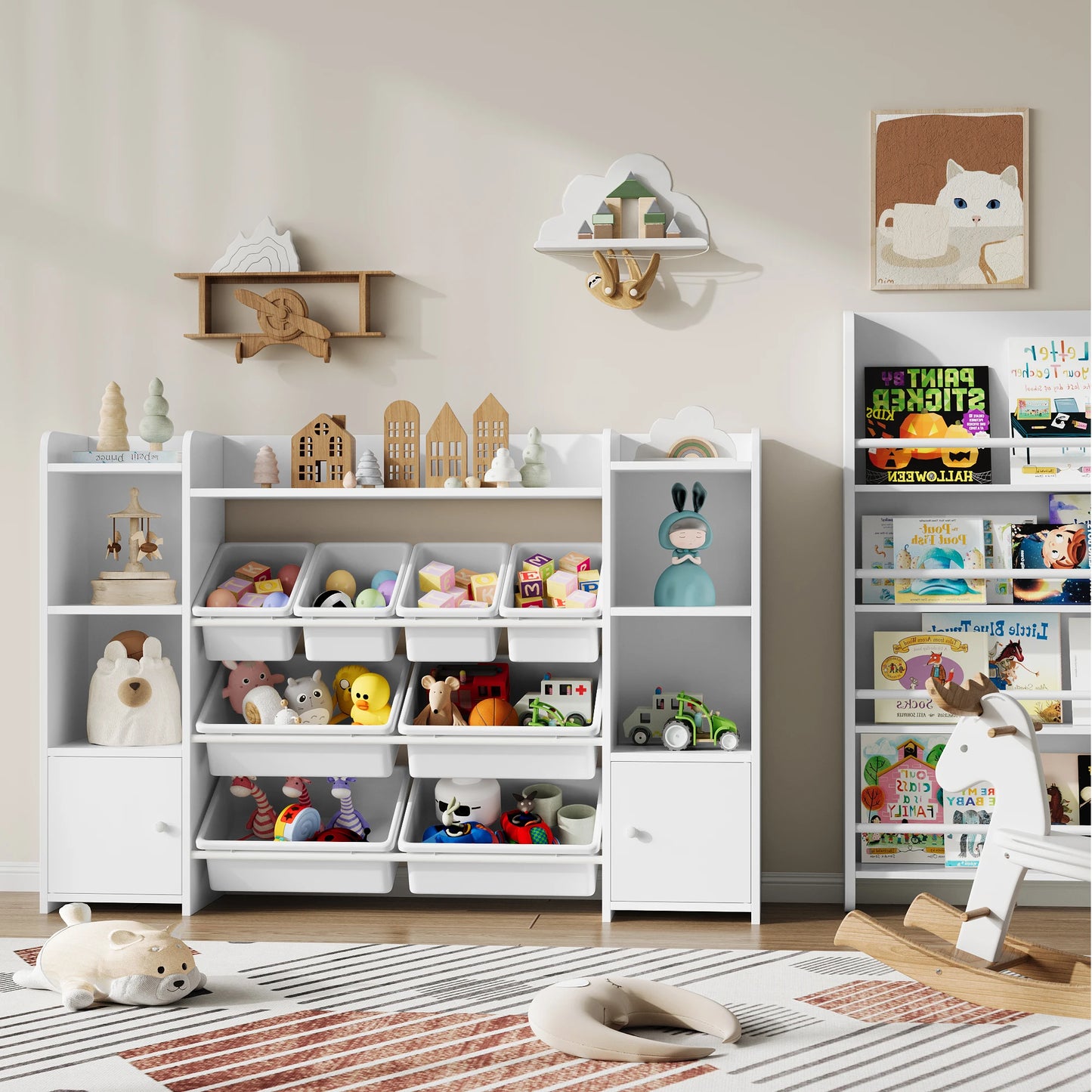 NULL Babies-Kids White-Pink Wood Two Doors-Bookcases-Removable Plastic Bins-Nine Shelves Toy Chest Storage Cabinets /Sizes: 138x29x94 cm/Assembly Required/Storage Options