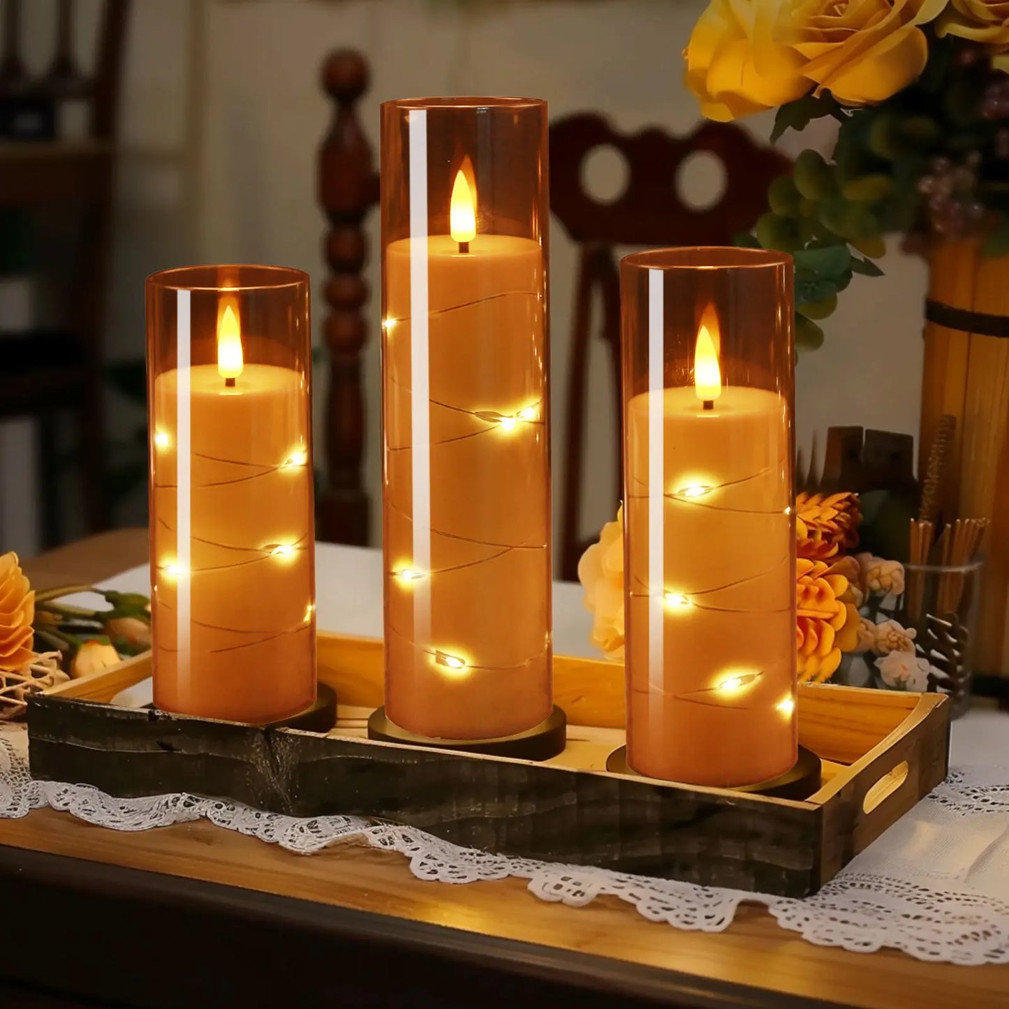 5 PCS Set LED Embedded Star String Detailing Round Pillar Flickering Flameless Candles /Timer Remote/Changeable Wick/Colors-White/Brown/Gray/Orange
