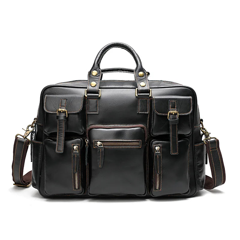 Men Luufan Vintage Zipper Cow Leather Briefcase Bags/Fits 15.6 Inch Laptop/Handles/Shoulder Straps/Single-Laptop Compartments/External Pockets/