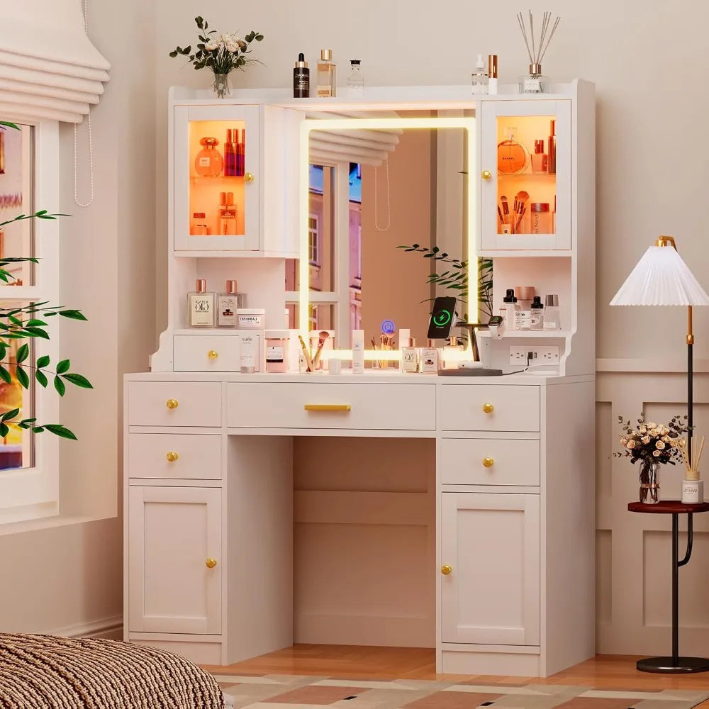 White LED Lighted Mirrored Vanity Desk w/3 Lighting Modes/ 2 USB Ports, Plug Outlet w/Built-In Charging Station