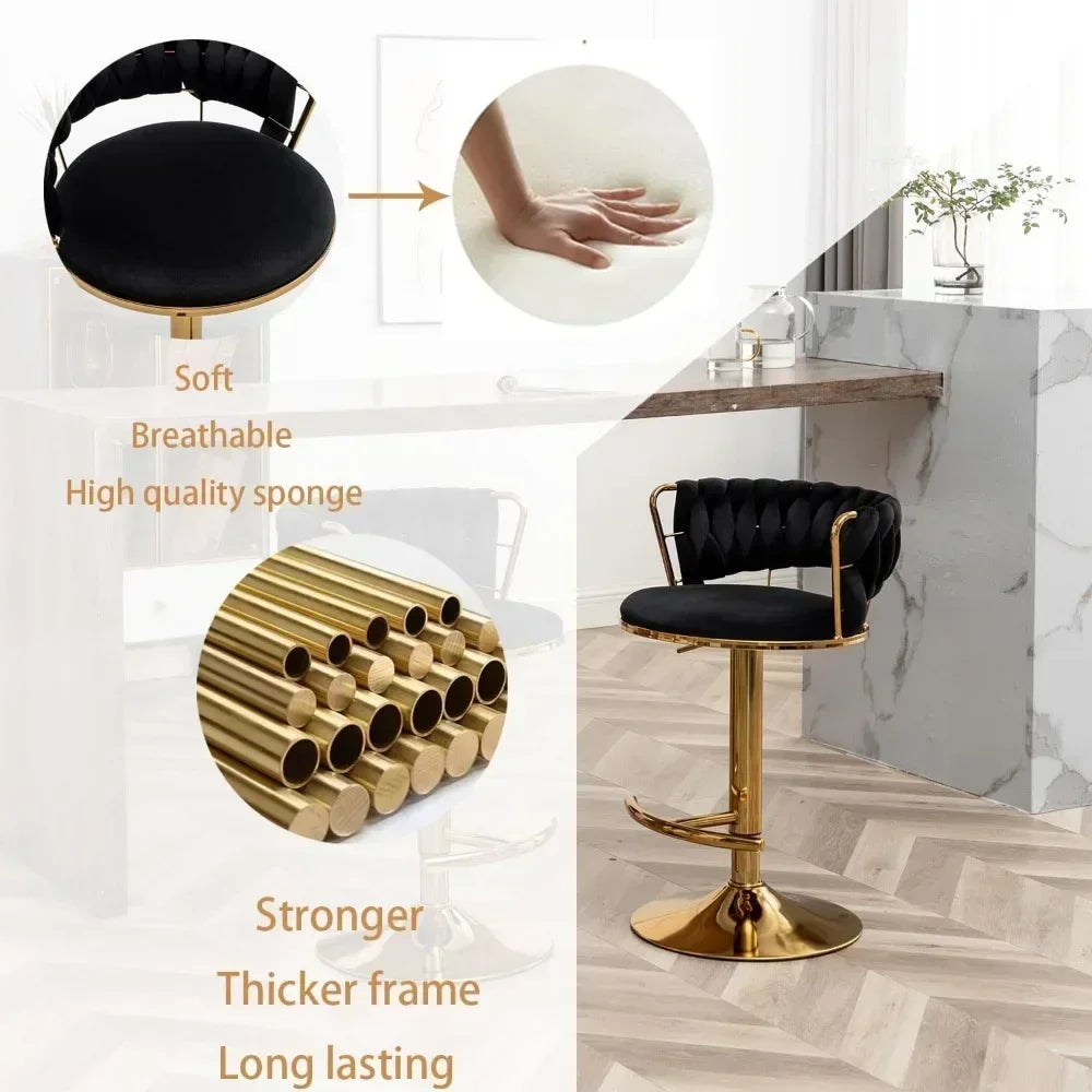 4 pcs Round Swivels 360 Low Back Height Adjustable Metal Arms Velvet Upholstered Foam Cushion/ Thicken Metal Tube Frame-Footrest/ Weight Capacity 300lbs/