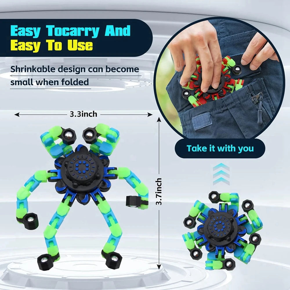4 PCS Set ABS Plastic Fidget Spinning Top Glow-In-The-Dark Fingertip Funny Multicolor Deformable Robot Toys/ Ages: 13-18 + Years Old Adults/ Colors-Green/Black/Yellow/Multicolor/Striped/Geometric