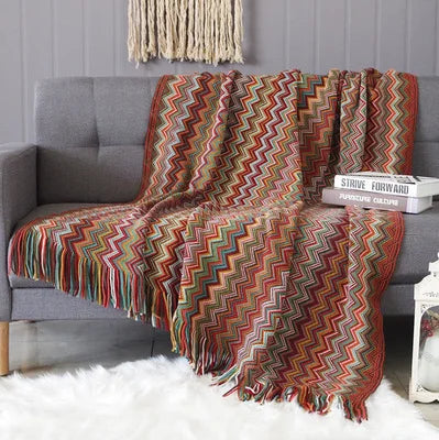 Retro Rectangle Knitted Dyed Yarn Plaid Geometric Boho-Aztec Baja Polyester-Cotton Blanket Wall Hanging Tapestries