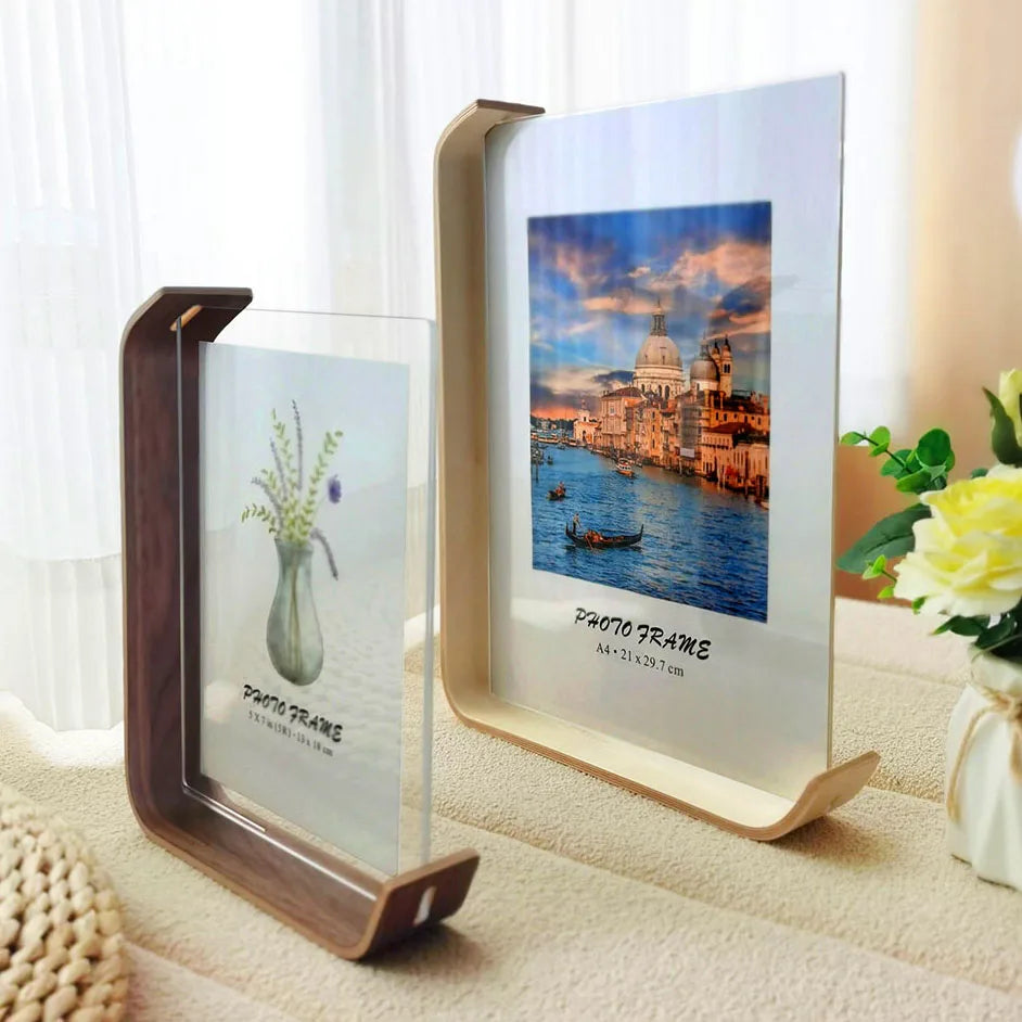 Rectangle Double-Sided Clear Acrylic Cover L-Shape Beech Wood Base A4 Photo Frames/Colors-Brown/Beige/Clear