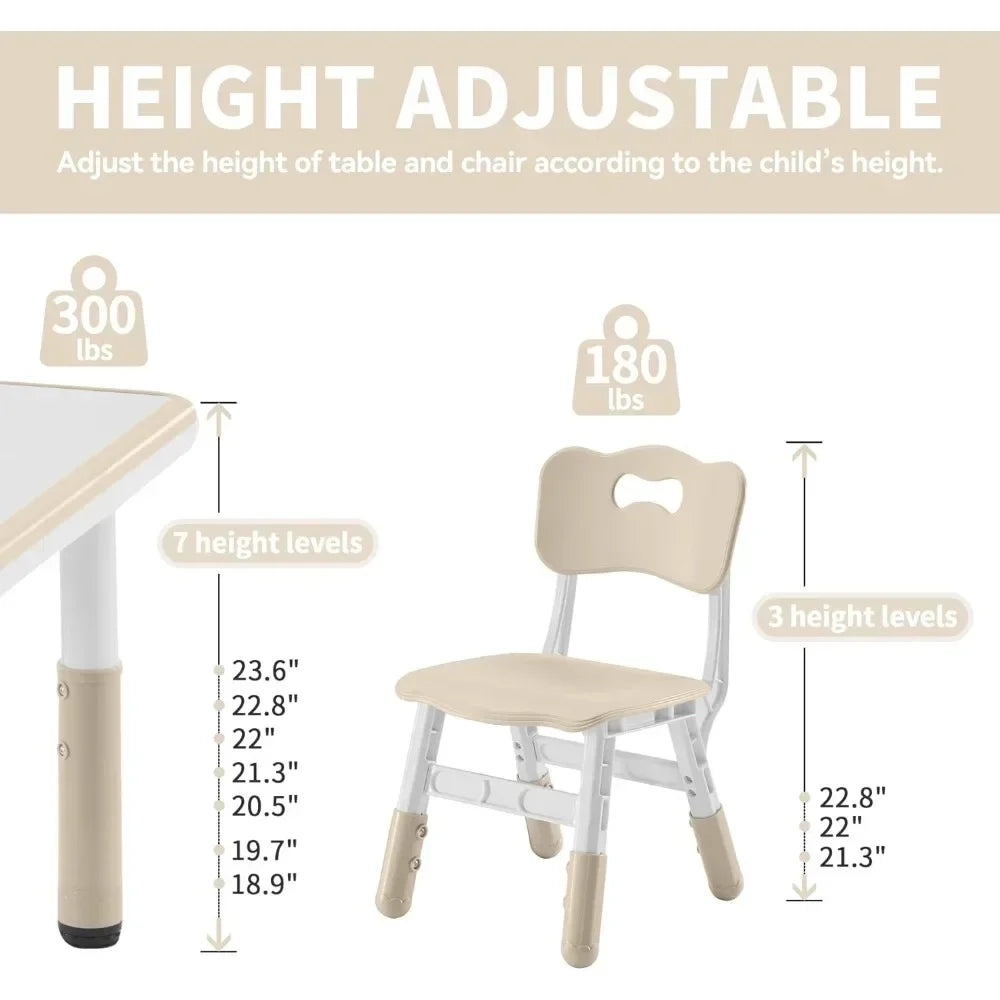 4 pcs White HDP Rectangle Toddler Height Adjustable Table/ 4 Chairs Set/Colors-Beige/White