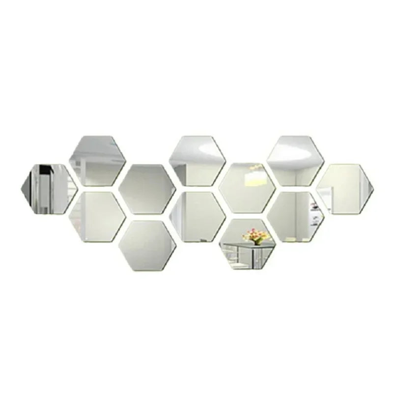 6/12pcs 3D Hexagon Mirror Wall Sticker /Colors-Rose Gold, Blue, Multicolor, Silver, Black, Red, Golden