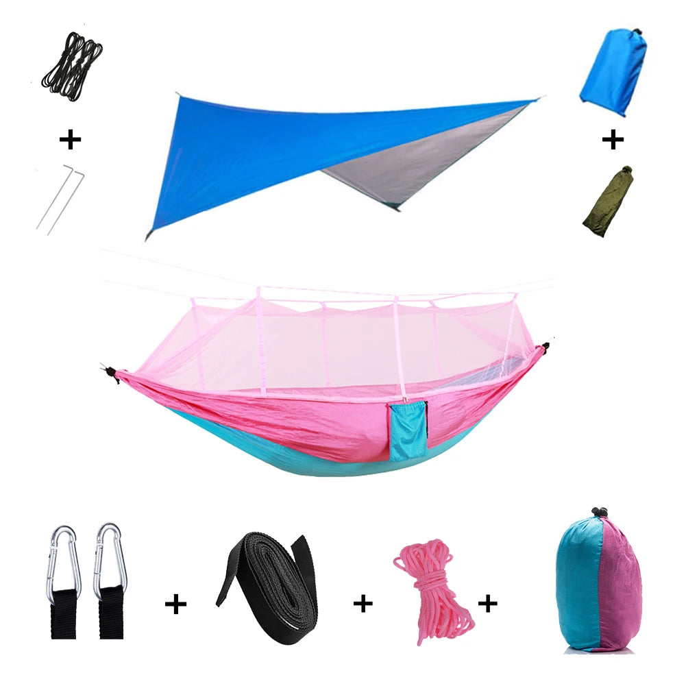 Outdoor Lightweight Waterproof Portable Nylon Mosquito Net-Rope Sleeping Camping Tarp Hammocks/Colors-Camouflage/Gray/Pink/2 Tree Straps/2 Steel Carabiners/Hammock Bag/Load Bearing Weight : 440 lbs