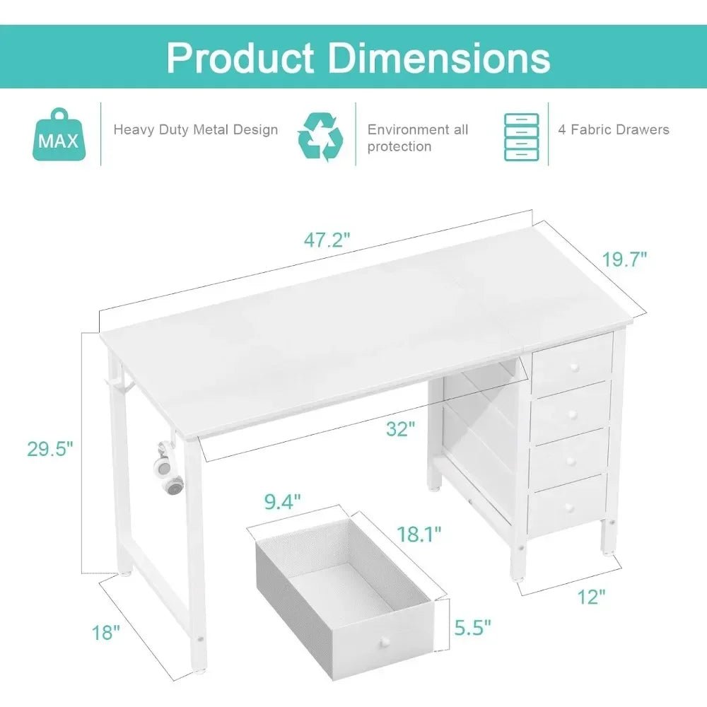 White Modern 2 Iron Side Hooks Free Standing Metal Base Computer Desks-4 Drawers/Dimensions-19.5"D x 47.2"W x 29.5"H