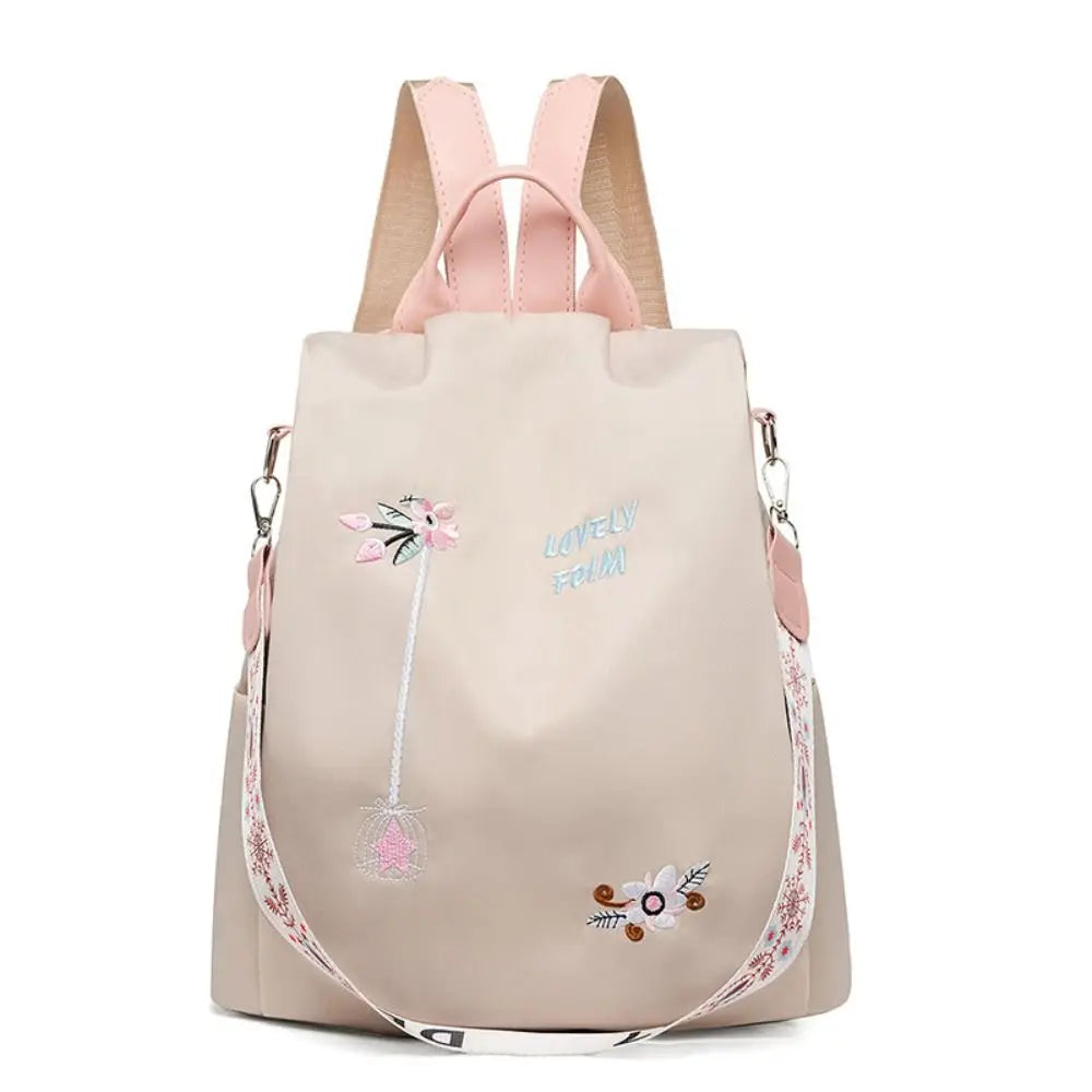 Women Modern Double Zippers Exterior Pockets Waterproof Black Oxford Fabric Floral Embroidered Flowers Design Polyester Lining Two Adjustable Straps-Two Handle Travel Backpacks/Single Compartment/Colors-Black/Pink/Blue