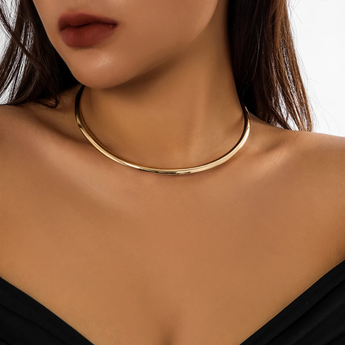 Women Imitation Simple Round Iron Chunky Circle Torques Choker Collarbone Necklaces/Colors-Gold/Silver