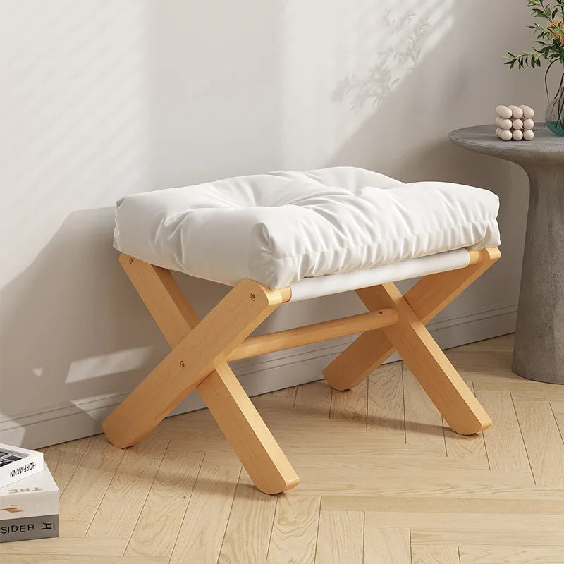 Small Solid Wood Foldable Low Foot Stools w/ Upholstery Cotton Cushion/Colors-Orange/White/Brown/Gray