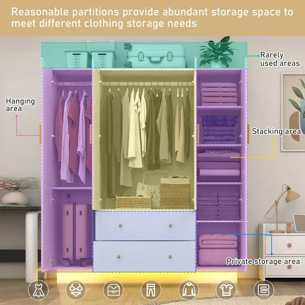 4 Door Armoire Mirrored Wardrobe Closet w/ 2-Way Remote Control LED Lighted Armoire/ 2 Drawers/Colors-White/Purple/Black/Dimensions: 19.7"D x 47.2"W x 70.1"H