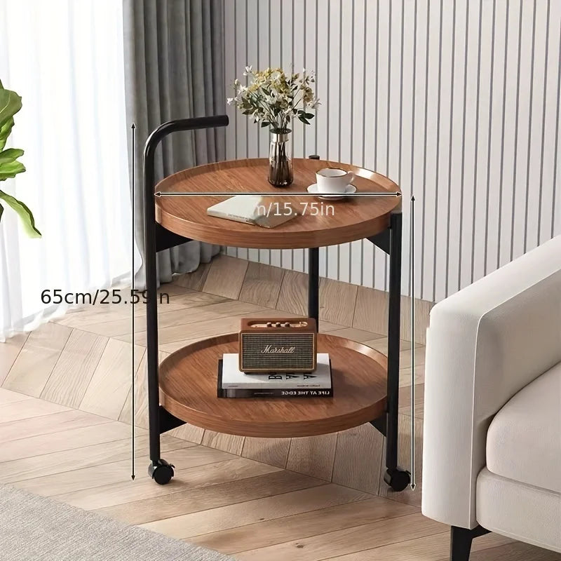 Wood Colored Small Double Layer End Table /3 Tripod Wheels/ Metal Frame/Colors- Gray/Brown/White