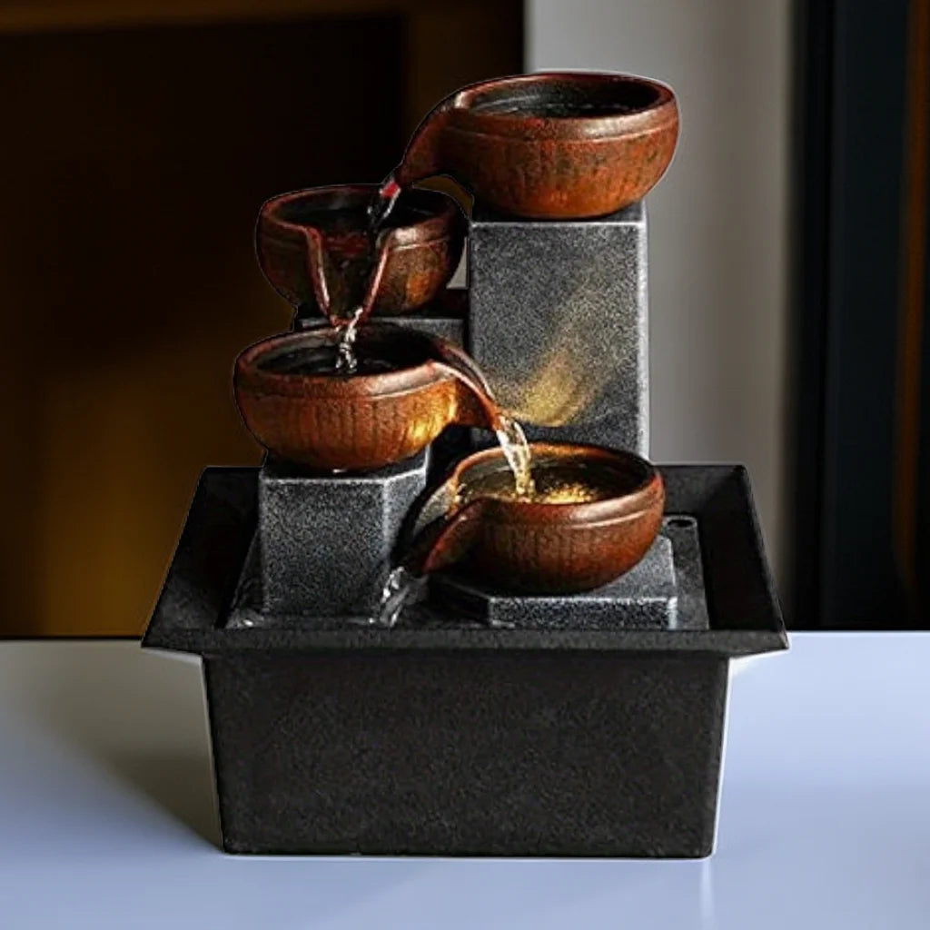 Feng Shui Plastic LED Lights Tabletop 4-Tier Brown Clay Pots Sitting On 4 Silver Square Pillars Water Flowing Black Fountains