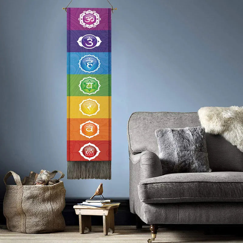 Printed Rectangle Cotton-Linen Colorful Multicolor Seven Chakra Spiritual Meditation Wall Hanging Tapestries