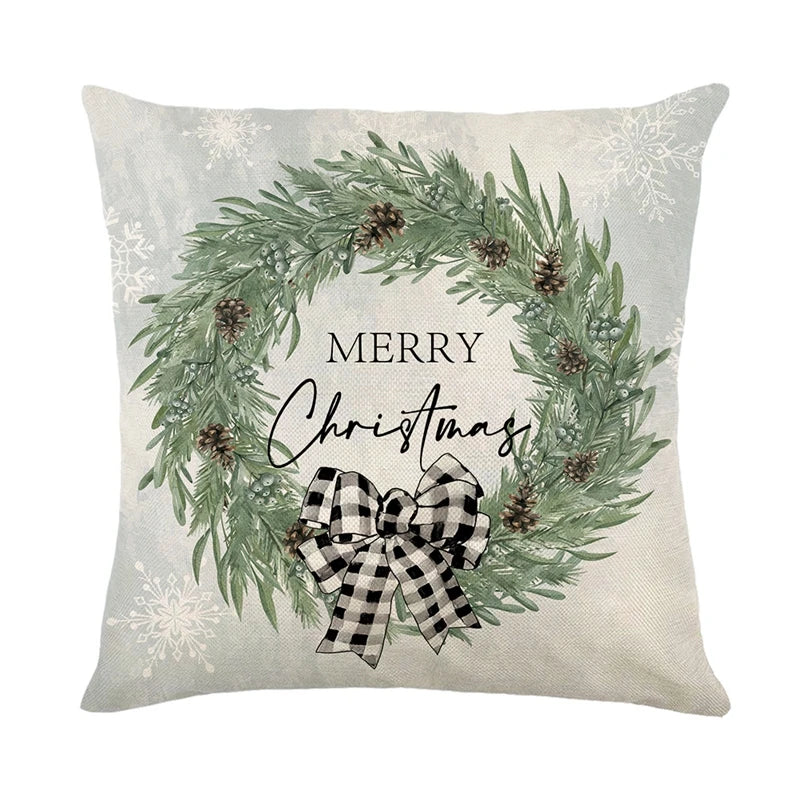 4 PCS Set Christmas Linen Snowman-Elk-Yarn Mittens-Christmas Tree-Wreath Plaid Throw Pillows/Colors-White/Red/Gray/Plaid