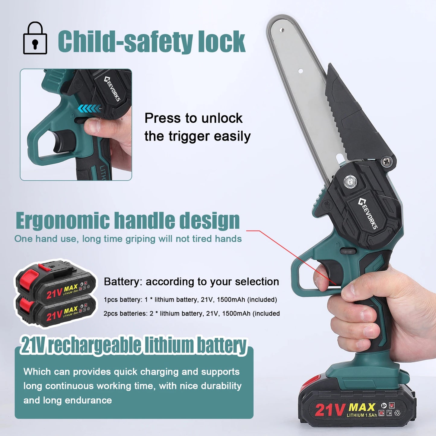 GEEVORKS Outdoor Home DIY Plastic Green-Black Body 6 Inch Handheld Mini Cordless Lithium Battery-Powered Rechargeable Brushed Motor 21V Electric Portable Wood Cutting Adjustable Tension Pruning Metal Chainsaws/Colors-Green/Black/Gray/Red/