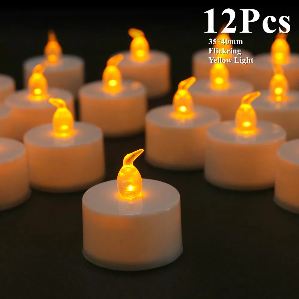 12-24 PCS Set Large Built-In Timer LED Flameless Flickering Small Round Tea Light Candles /Batteries Included-Button Batteries Type-CR2032/Color-White/Yellow