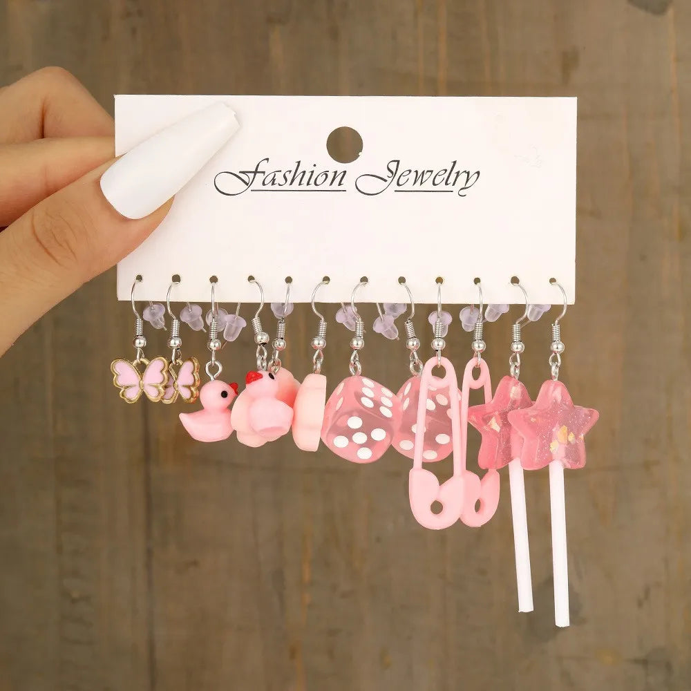 Women Imitation Multicolor Acrylic Cute Funny Cartoon Dopamine Hearts-Duck-Butterfly-Star-Pig Drop Tin Alloy Metal Earrings Sets/Colors-Multicolor/Dots/Animals