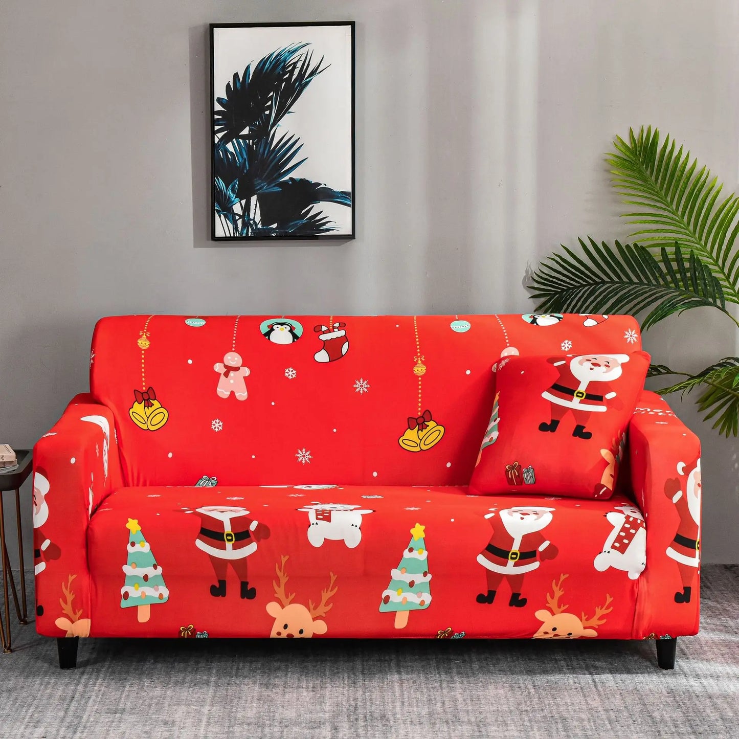 Christmas Theme Red-Green Polyester-Spandex 1-4 Seater L-Shape-Sectional Sofas Stretch Non-Slip Slipcovers