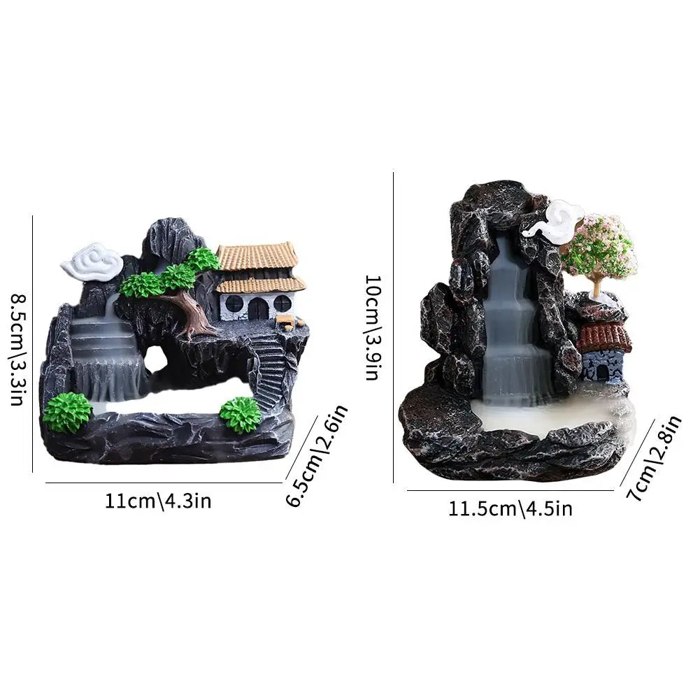 Ceramic Resin Small Village Scene Trees Rocky Mountain Terrain Brown Mill Wheel Realistic Flowing Water Backflow Incense Burner Holders/Colors-Black/Gray/Brown/Green