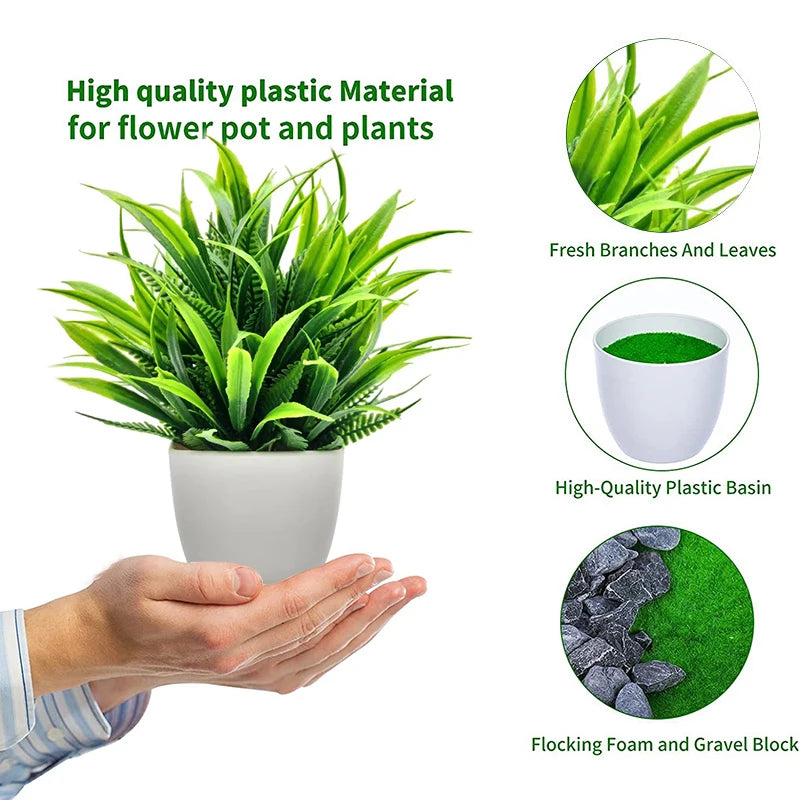 Indoor Mini Green Artificial Floral Bonsai Ardisia Spring Grass Pine Needle Non-Flowering Plant-Plastic Rectangle Pot