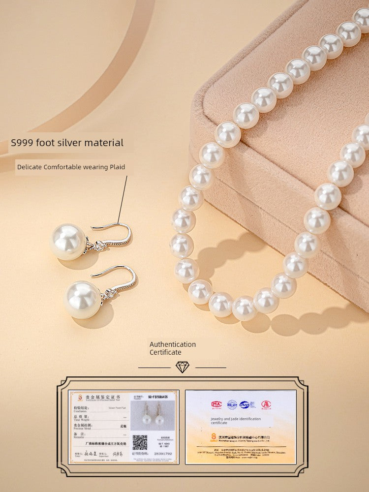 Adult Women Sterling Silver White Pearl Necklace-2 Hanging White Pearl Earrings Fine Imitation Jewelry Sets/Colors-White/Silver