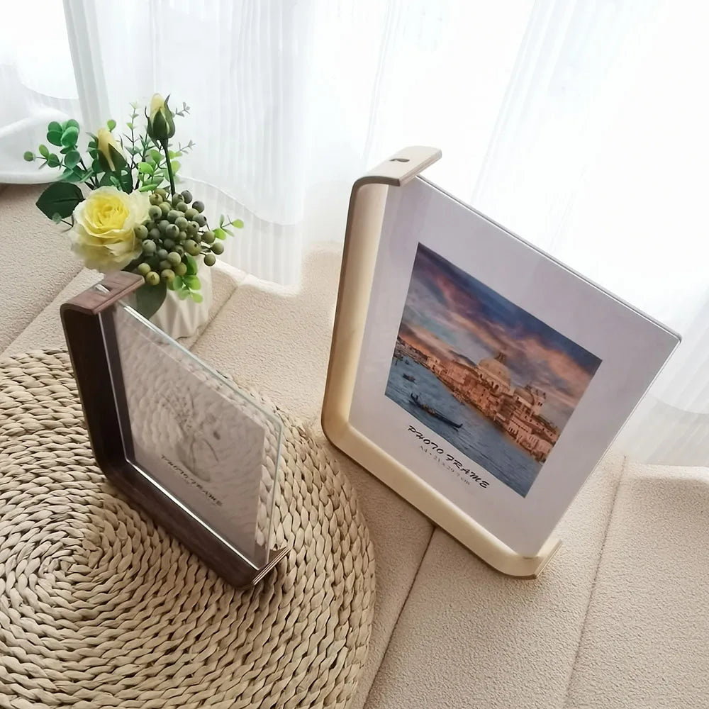 Rectangle Double-Sided Clear Acrylic Cover L-Shape Beech Wood Base A4 Photo Frames/Colors-Brown/Beige/Clear