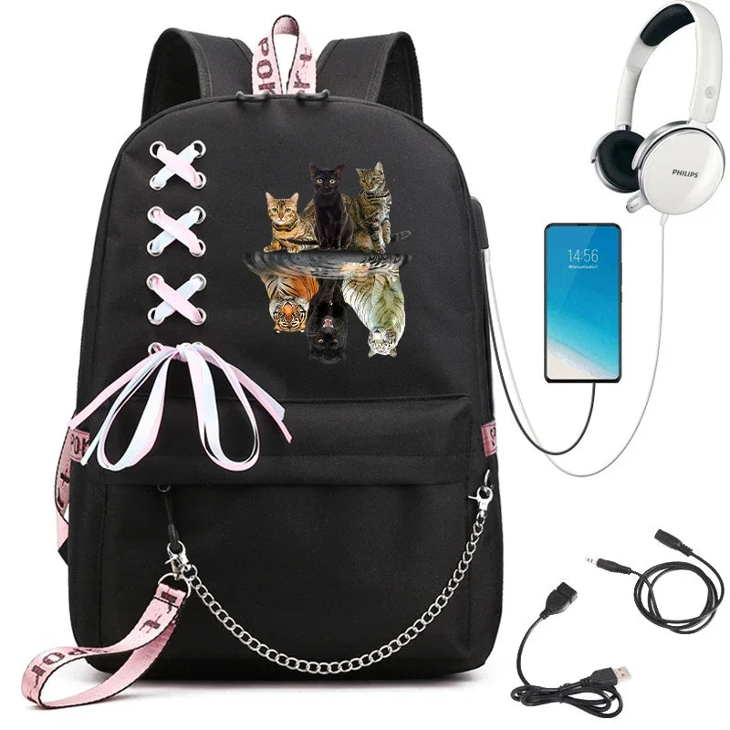 Decorative White Bow Canvas Nylon Printed Kawaii Cat Curved Back Support Zipper Black Backpacks/USB Charging/Built-In Laptop Compartment/Back Straps-Handle
