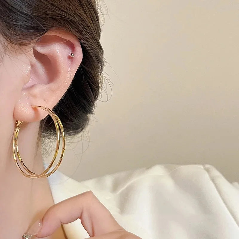 Women Imitation Punk Hip-Hop Oversize Gold-Copper Plated Stainless Steel Thick Hoop Round Circle Metal Earrings/Colors-Gold/Silver