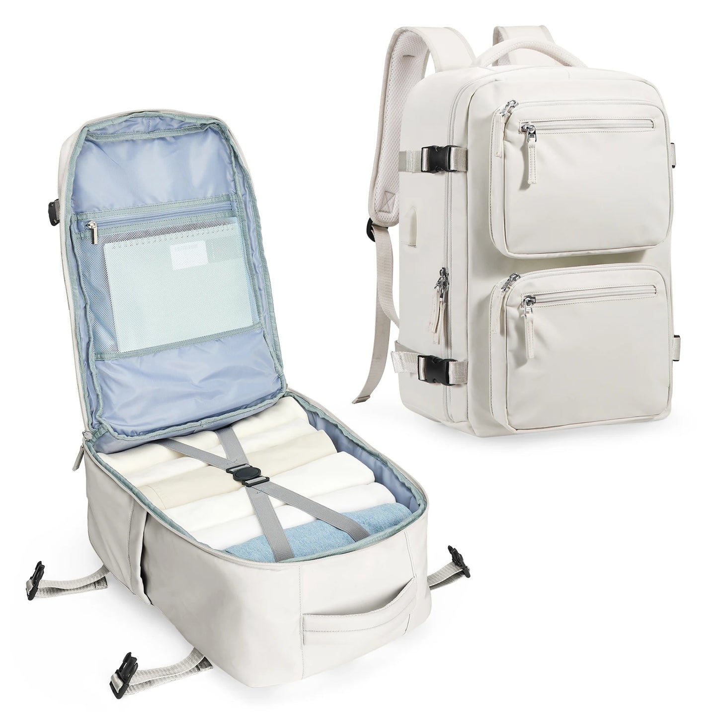 Waterproof Large Travel Nylon Backpack Bags/Detachable Handles-Straps/Multi-Pockets/USB Charger Port/Power Bank-Cable/Laptop Pocket/Colors-Green/Black/Gray/Anti-Theft Pocket