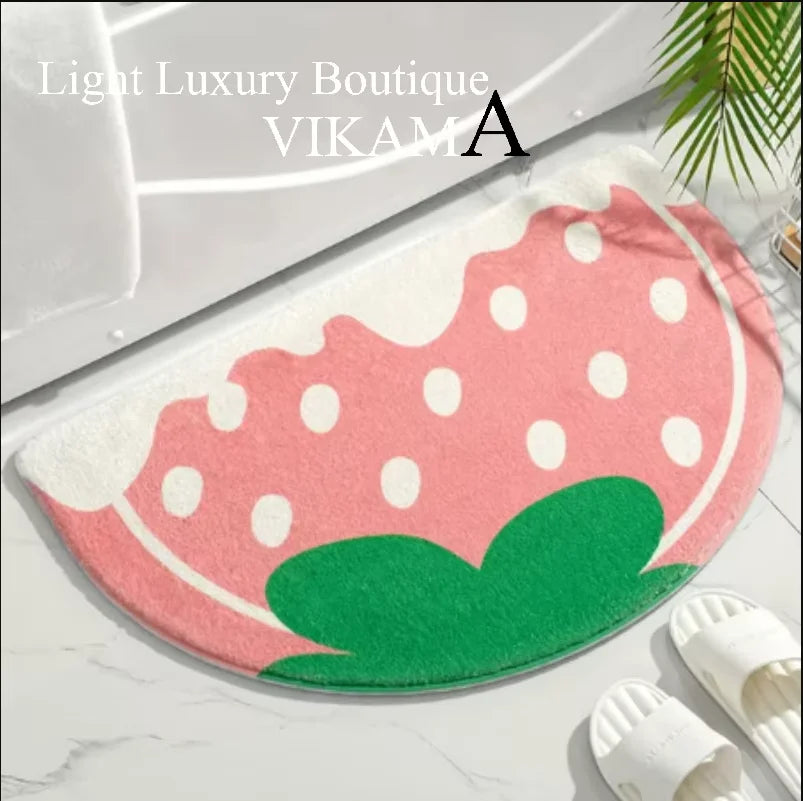 VIKAMA Indoor Hand-Machine Washable Half-Circle Anti-Slip Bottom Cute Cartoon Strawberry Imitation Cashmere Polyester Bathroom Mats / Colors-Pink/Animals/Floral/Dots/Brown/Yellow/Multicolor