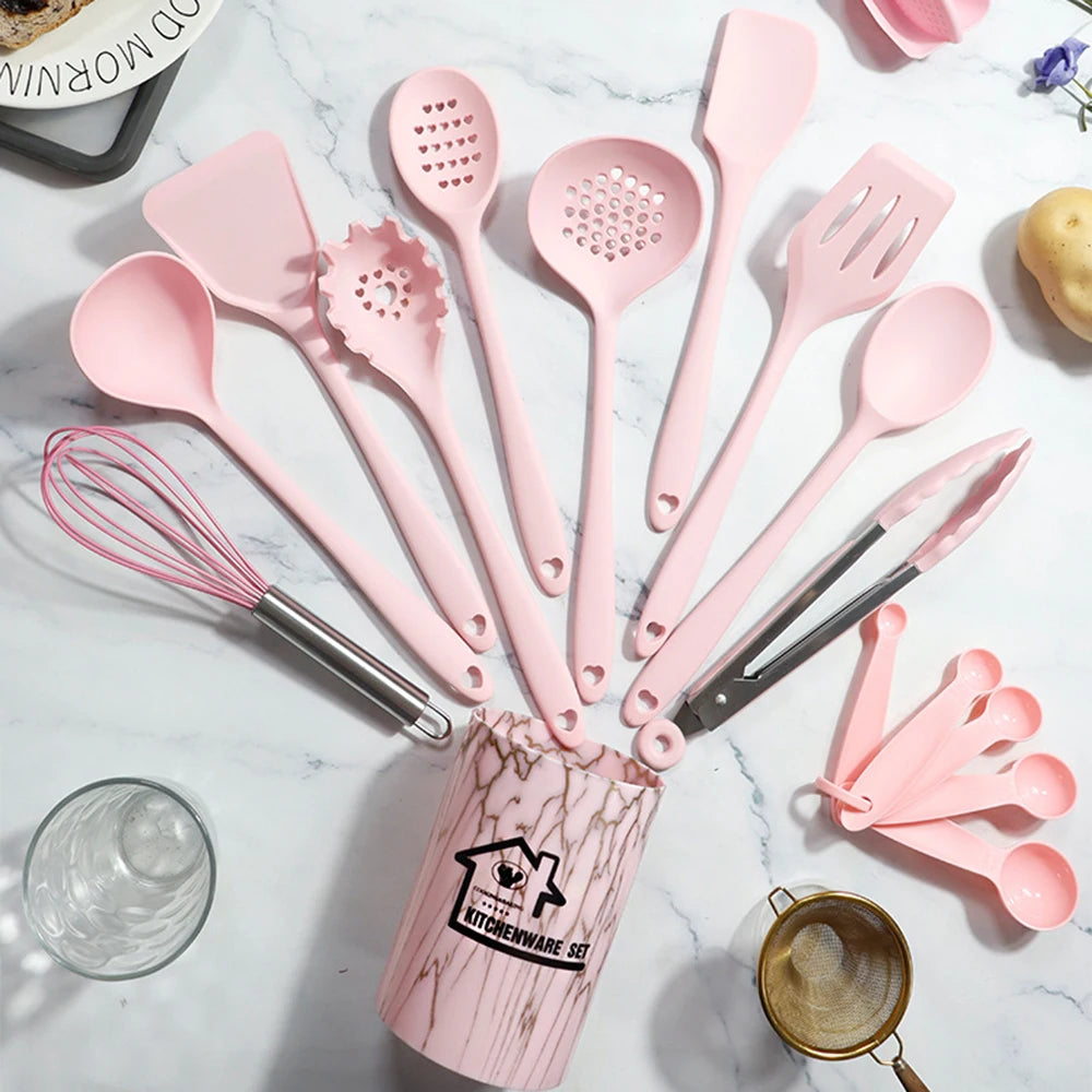 10 PCS Silicone Kitchen Cooking Utensils Tool Sets/Colors-Pink/Black/White