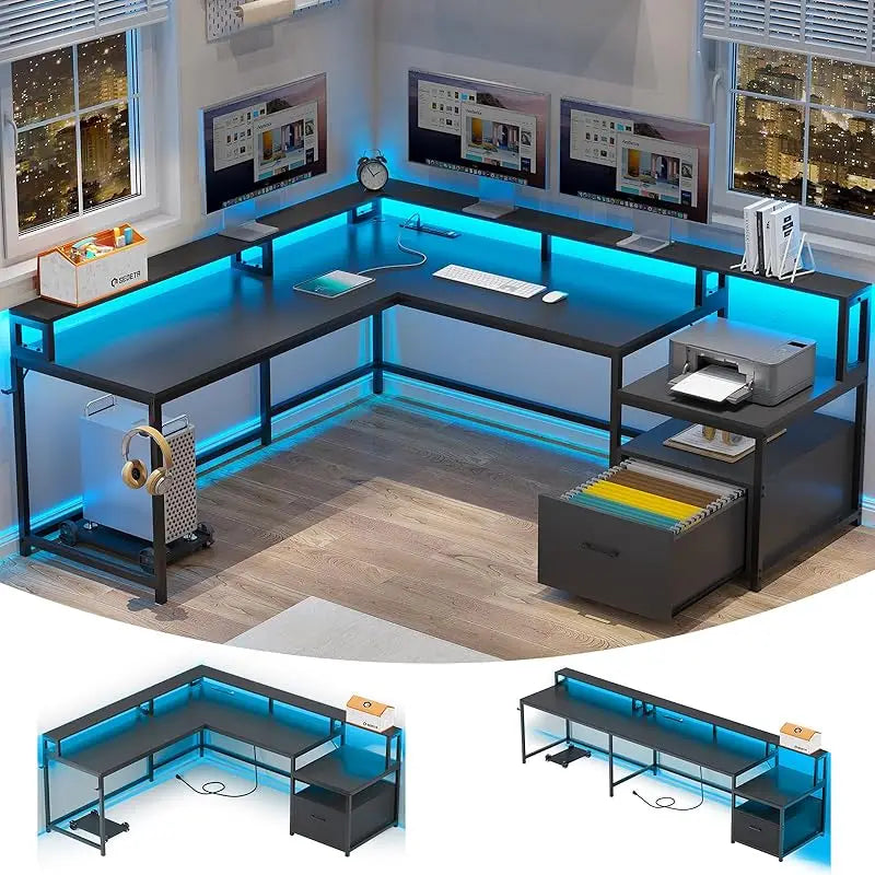 SEDETA L Shaped Customize Office Desks/File Drawers/Recessed LED Power Outlet Strip/3 CPU Stand/Colors-Walnut/white/Black/Gray