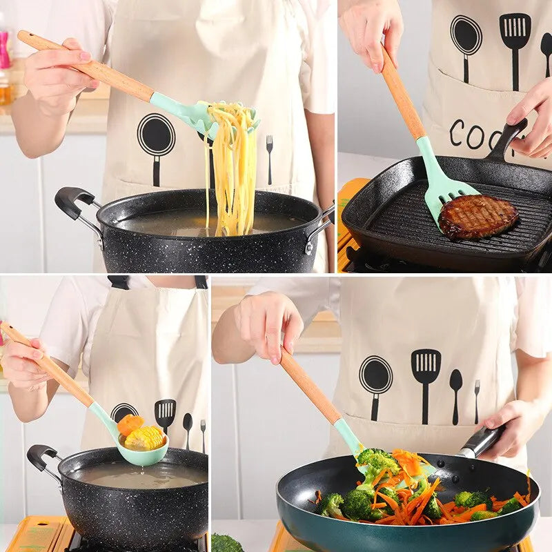 Kitchen 12 PCS Set Green Wood Handles Non-Stick Silicone Utensils-Storage Bucket/Colors-Black/Red/Green/Blue/Multicolor