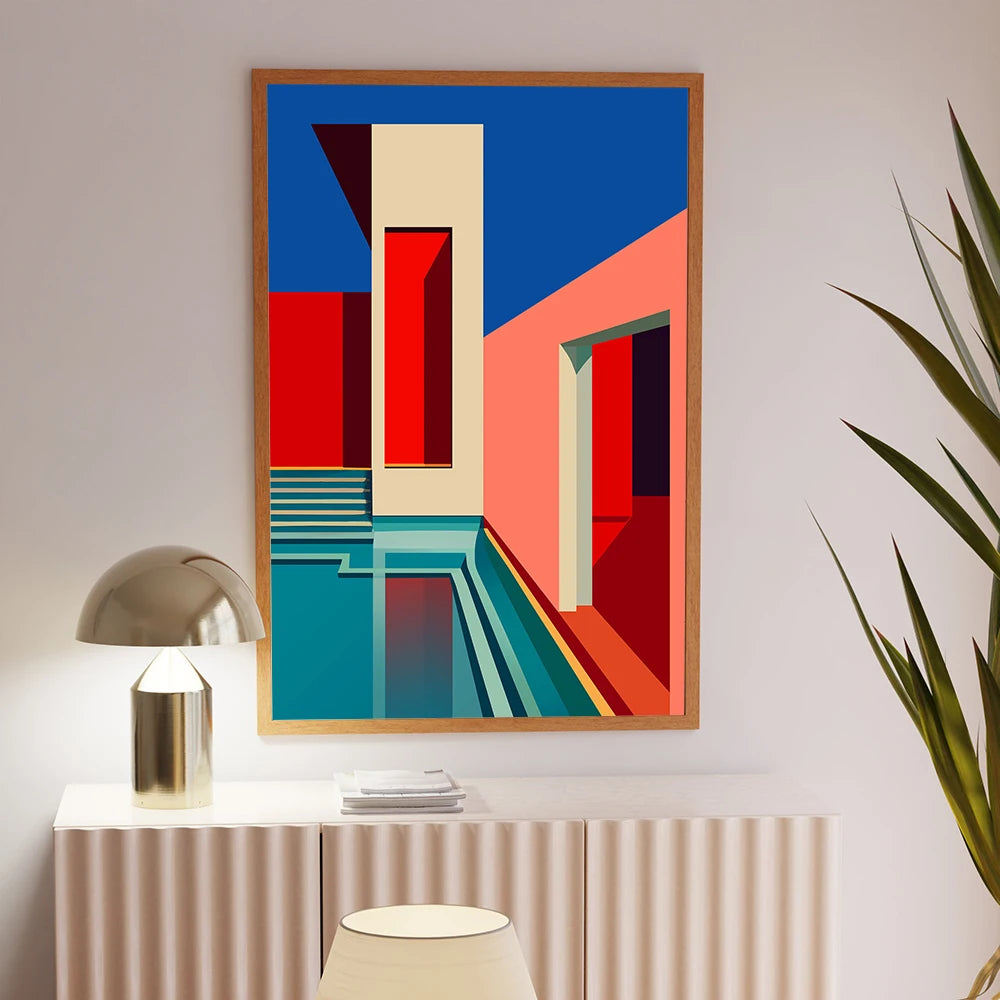 Modern Rectangle Canvas Frameless Mirrored Colorful Waterproof Ink Game Balcony-Poolside Rooftop Giclee Abstract Wall Prints/Colors-Multicolor/Blue/Red/White