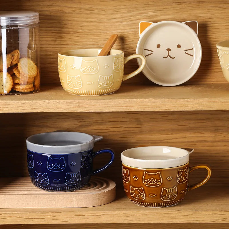 Kitchen Round Japanese Ceramic Funny Cartoon Cute Cat Coffee Mugs-Creative Cover/Colors-Blue/ Brown/Milk Yellow