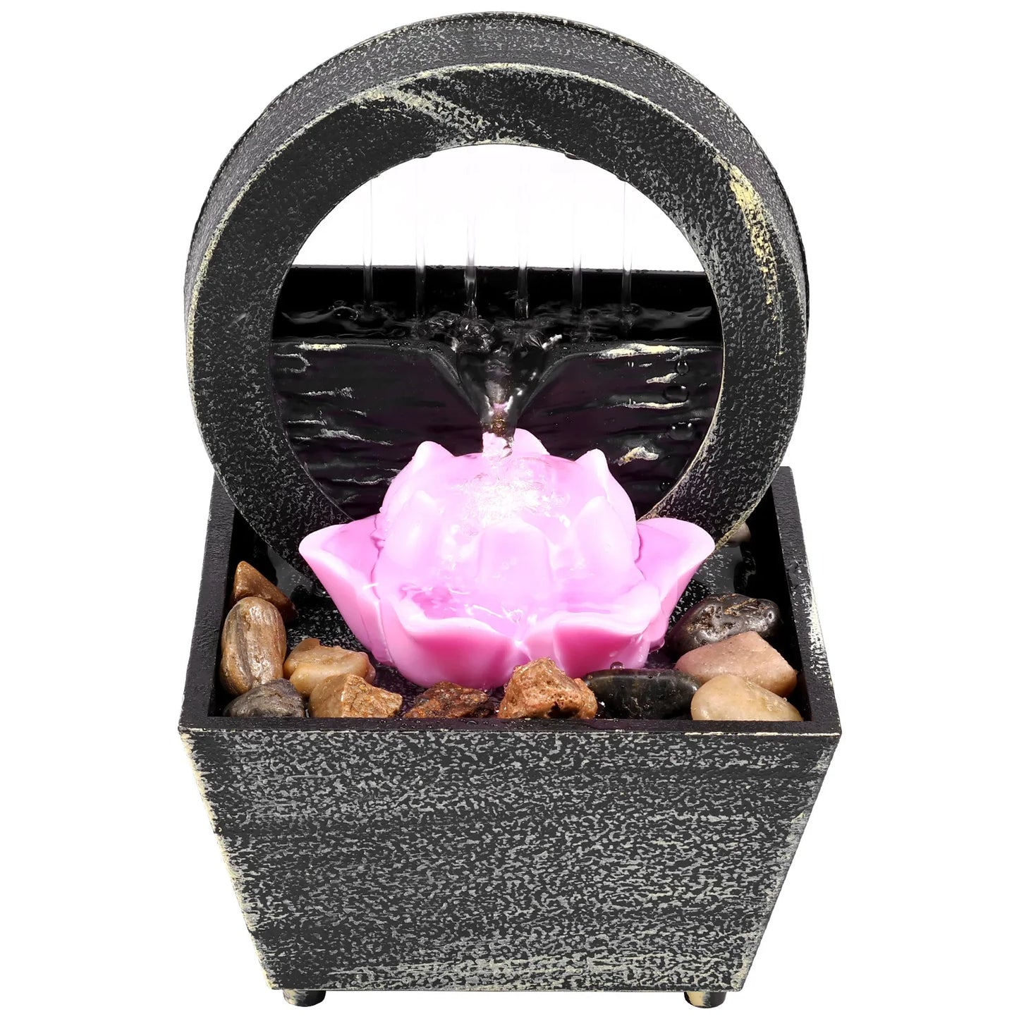 Wood Tabletop Zen Meditation Waterfall Round Succulent Lotus Flower ABS Plastic Square Base Fountain/Light Battery/USB Cable Cord /Bag Of Pebbles/Colors-Black/Gray