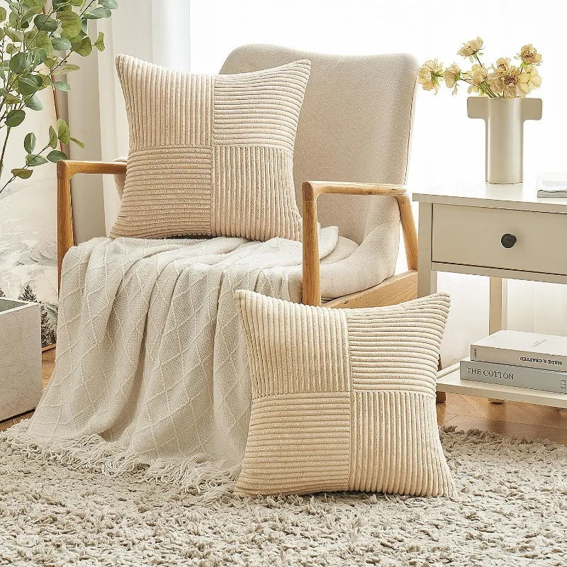 2 PCS Set Solid Color Cotton-Polyester Corduroy Striped Throw Pillow COVERS Only /Colors-Beige/Wine Red/Pink//Dark Gray/Bean Green/Dark Green/ Denim Blue/ White/Bright Yellow/Sizes: 18 x 18 Inches/Concealed Zipper