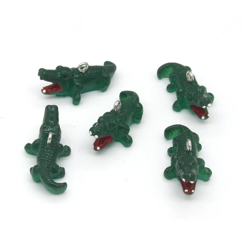 10 PCS Pack 3D Small Resin-Metal Alloy Hole Cute Green Open Mouth Crocodile Shaped Imitation Jewelry Charms DIY Craft Kits